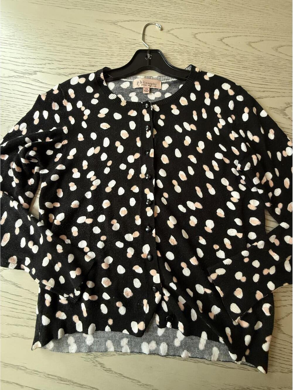 Philosophy Petite Black and White Polka Dot Cardigan Sweater